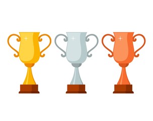 Trophy winner Cups with wooden base isolated on white background. Gold, silver and bronze prize award cups icon vector illustration