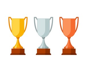 Trophy winner Cups with wooden base isolated on white background. Gold, silver and bronze prize award cups icon vector illustration