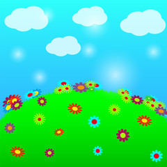 Easter background, green meadow with flowers