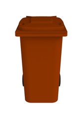 Front view of brown garbage wheelie bin with a closed lid on a white background, 3D rendering