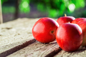 Beautiful fresh red apples on old wooden table over summer bokeh background