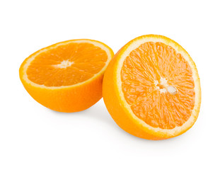 Orange halves, citrus fruit closeup isolated on white background