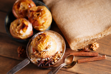 Fruit dessert baked apples in the pan 