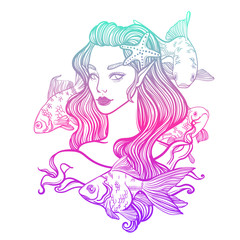 cute vector art card with little princess mermaid. Girl with starfish in hair and fish. linear tattoo illustration
