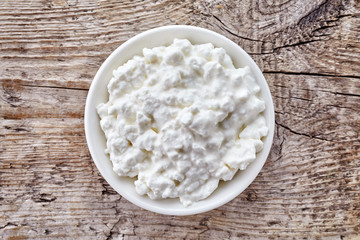Bowl of cottage cheese from above