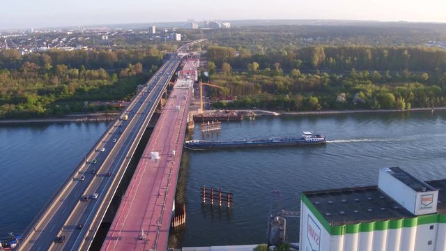 Aerial view of large bridge construction site Schiersteiner Bruecke - A643, Germany. The highway bridge connects the German cities Wiesbaden and Mainz, its completion date is scheduled for autumn 2019