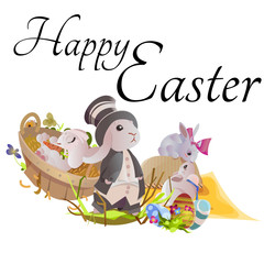 Set of easter chocolate egg hunt bunny basket on green grass decorated flowers, rabbit funny ears, happy spring season holiday tradition greeting card banner collection vector illustration background