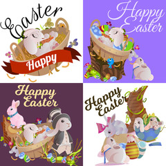 Set of easter chocolate egg hunt bunny basket on green grass decorated flowers, rabbit funny ears, happy spring season holiday tradition greeting card banner collection vector illustration background