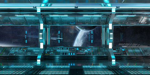 Obraz premium Spaceship interior with view on distant planets system 3D rendering elements of this image furnished by NASA