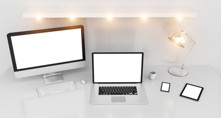Modern white desk interior with computer and devices 3D rendering