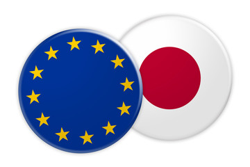 News Concept: EU Flag Button On Japan Flag Button, 3d illustration on white background
