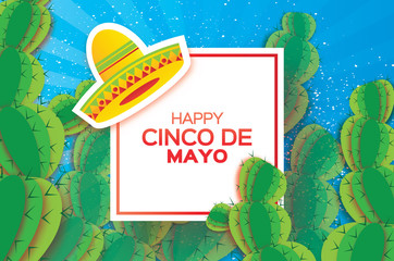 Happy Cinco de Mayo Greeting card. Origami Mexican sombrero hat, succulents. Square frame