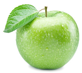 Ripe green apple with water drops on it.
