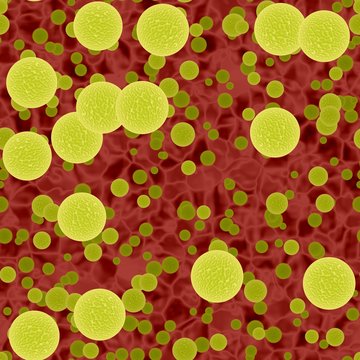 Dangerous  yellow bacterias or virus spheres in light blood, start of epidemic , 3d illustration,