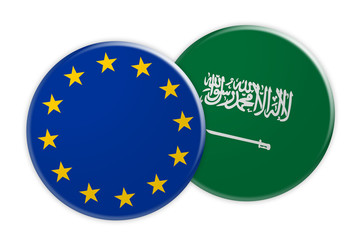 News Concept: EU Flag Button On Saudi Arabia Flag Button, 3d illustration on white background