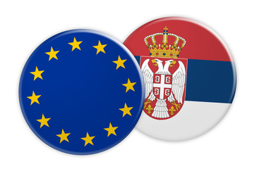 News Concept: EU Flag Button On Serbia Flag Button, 3d illustration on white background