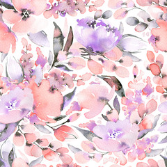 Seamless pattern with watercolor flowers. Illustration can be used for gift wrapping, background of web pages, as a print for any printing products.
