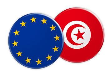 News Concept: EU Flag Button On Tunisia Flag Button, 3d illustration on white background