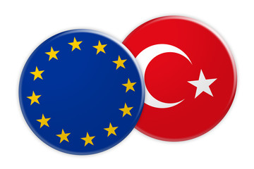News Concept: EU Flag Button On Turkey Flag Button, 3d illustration on white background