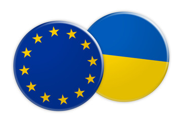 News Concept: EU Flag Button On Ukraine Flag Button, 3d illustration on white background