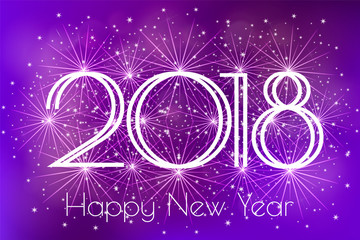 Happy New Year 2018 Card with blue fireworks glowing fire on blurred blue purple background. Poster, greeting card, banner or invitation. Vector illustration EPS 10