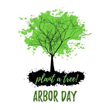 Abstract tree with green foliage in grunge style isolated on white background. Plant tree in Arbor day. Vector illustration