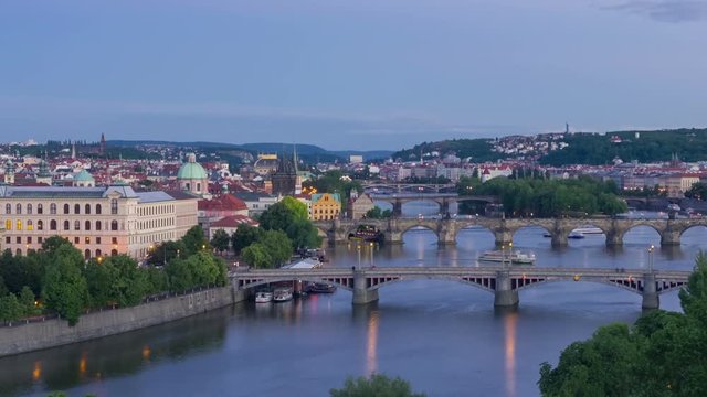 Zoom out timelapse of sunset in Prague
