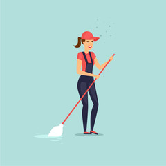 Worker of cleaning service with a mop. Vector illustration flat style.  