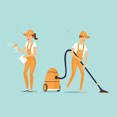 Cleaning company characters dressed in uniform with cleaning equipment. Vector illustration flat style.