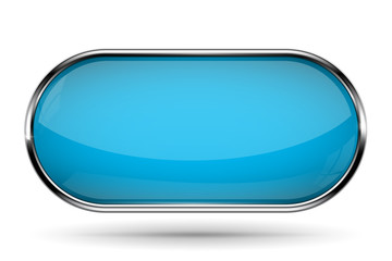 Blue oval glass button with metal frame