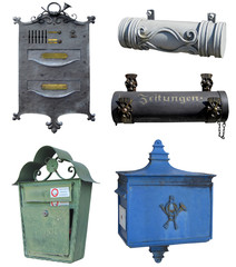 Set of five mailboxes. Isolated on white with clipping path.  No ads, newspapers