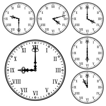 Clock with roman numerals. Collection of different time indication