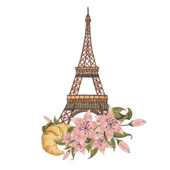 Fototapeta na wymiar Eiffel Tower with Flowers Hand-Painted Isolated Croissant Illustration