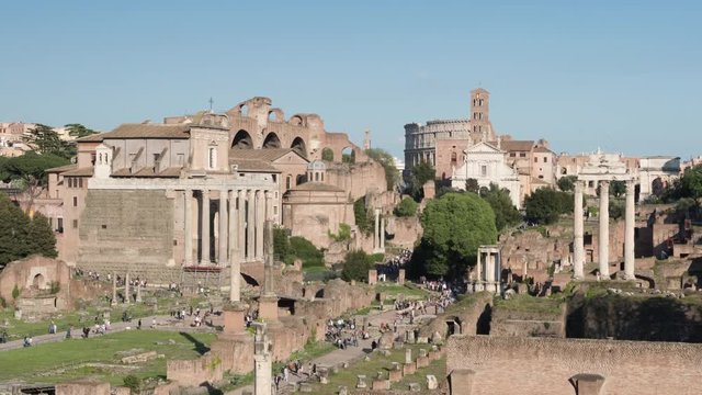 Roman Forum ruins in Rome clear day and  blue sky timelapse