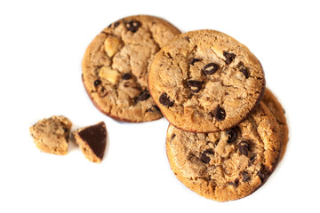 Chocolate chip cookies macro  isolated on white background. Cookies with chocolate chunks..