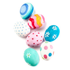 Colorful handmade Easter Eggs isolated on a white background  with copyspace. Happy Easter!.