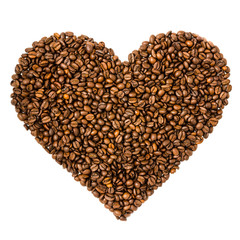 Coffee beans in heart shape white background isolated