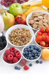 fresh berries, fruit and mueslion white wooden table, vertical, top view