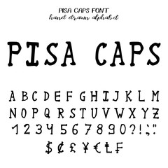 Hand drawn alphabet, written grunge font with serifs: black capital letters, numbers, punctuation and signs of currency. Vector illustration