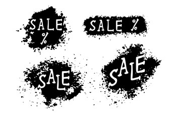 Grunge sale banners in black and white with splashes and stylized captions on white background. Vector illustration