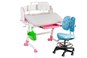 Blue chair, pink school desk, green basket and desk lamp