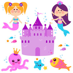 Pretty mermaids, fish, sea animals and a castle. Vector illustration set