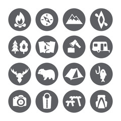 Camping icons set, trekking sign.