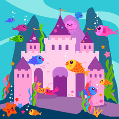 Beautiful underwater castle and sea animals. Vector illustration