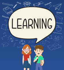 Girls and boys pupils with learning on speakbubble.