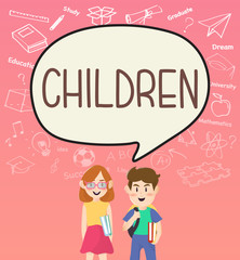 Girls and boys pupils with children on speakbubble.