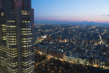 Obraz premium 東京都市風景 トワウライト 富士山と東京都庁 眼下に広がる街並