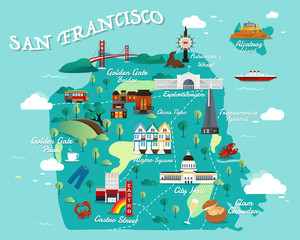 Map Of San Francisco Attractions Vector And Illustration. - obrazy, fototapety, plakaty