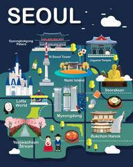Map Of Seoul Attractions Vector And Illustration.