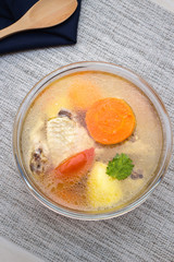 Bowl of chicken soup and chicken wings with carrots, potatoes and tomatoes on gray table mat with wooden spoon